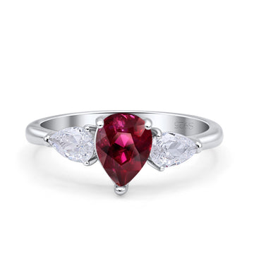 Three Stone Teardrop Pear Art Deco Simulated Ruby CZ Engagement Ring 925 Sterling Silver